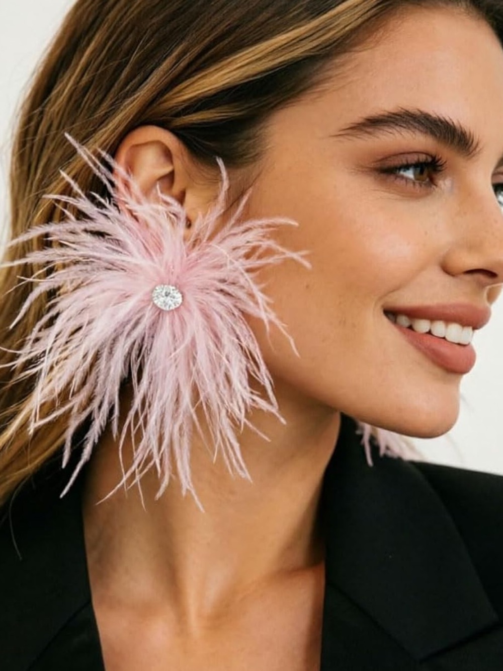 Pink Feather Statement Earrings – Rhinestone Glam Drop Earrings